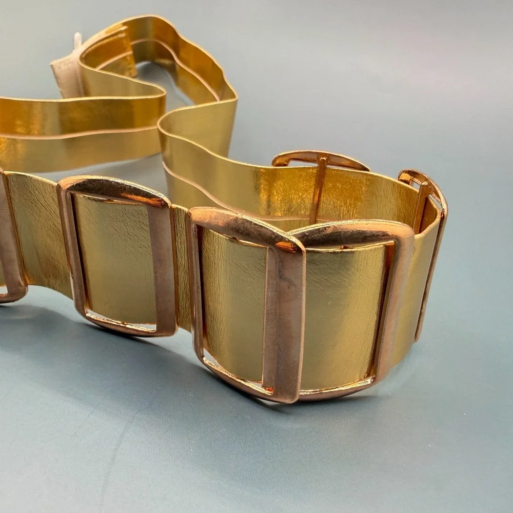 Gold Tone Wide Waist Belt Rectangular Accents Statement Vintage Retro Costume